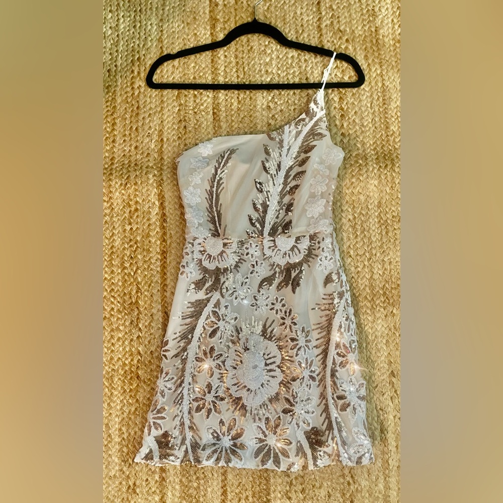 Chic Silver and Cream One Shoulder Cocktail Dress
